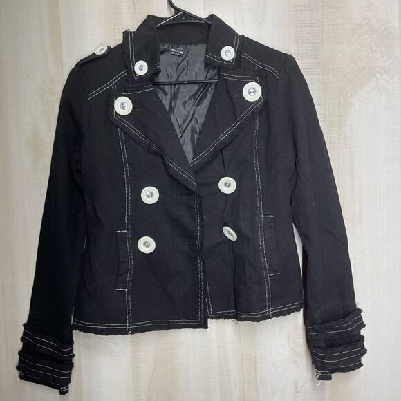 NWOT AZIZ black‎ denim jacket white button, size medium - Picture 1 of 13